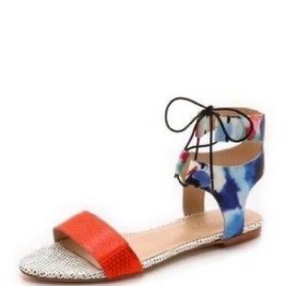 Loeffler Randall Sandals Alexa Seam Mixed Media Leather Shoe Lace Up Croc Color - Picture 1 of 6